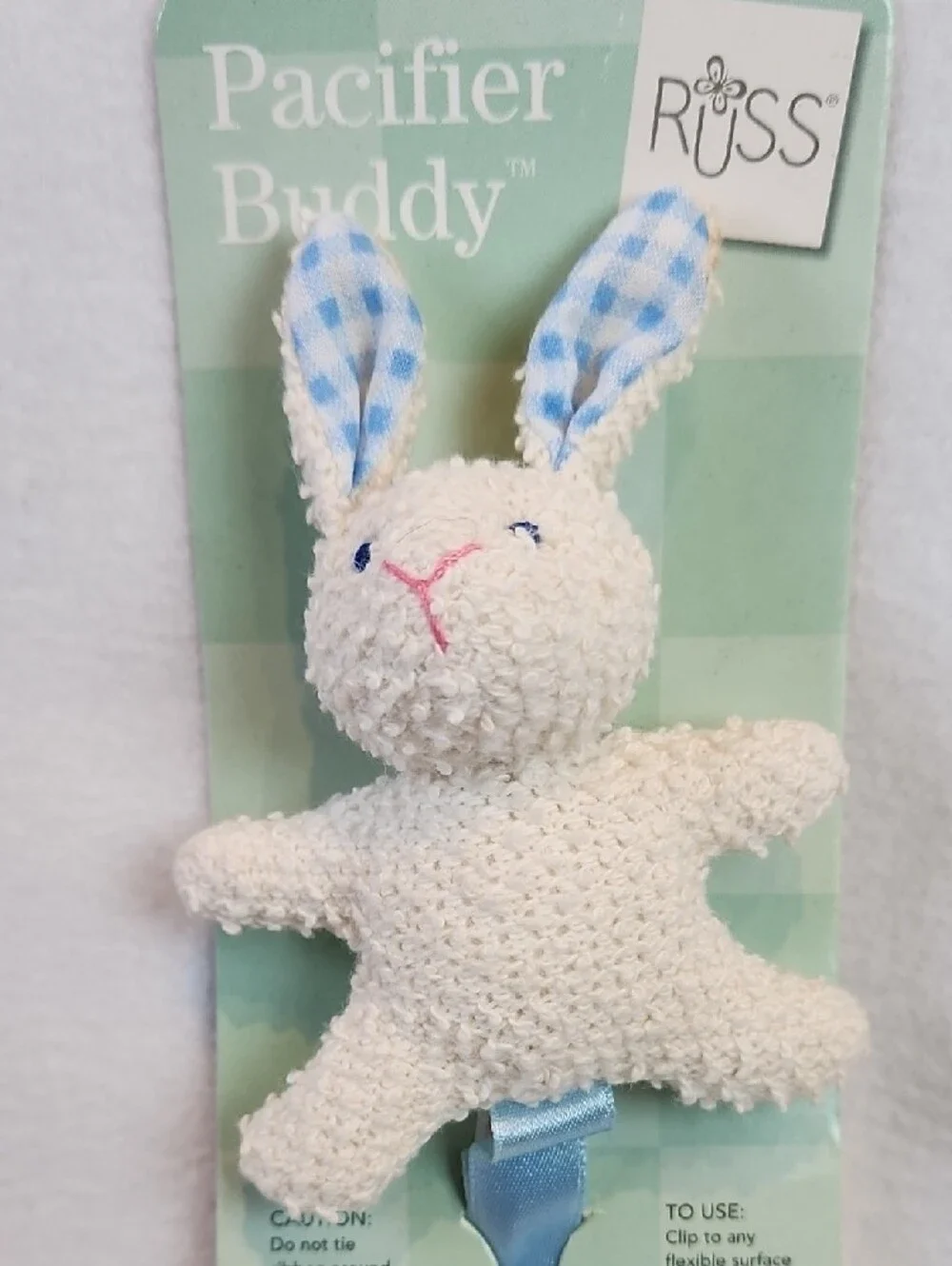Russ Cream Bunny Pacifier Buddy with Blue Accents